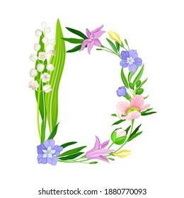 Capital Alphabet Letter Composed of Flowers and Decorative Nature Elements Vector Illustration
