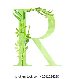 Capital Alphabet Letter R Decorated with Green Foliage and Leaf Vector Illustration