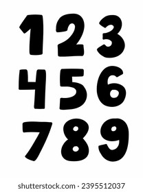 Capital black digits numbers font from 0 to 9 font set. Vector illustration in doodle hand drawn style isolated on white background. For design, logo, business.
