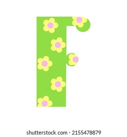 Capital bright green decorated with spring flowers hand drawn letter F of English alphabet simple cartoon style vector illustration, calligraphic abc, cute funny handwriting, doodle and lettering