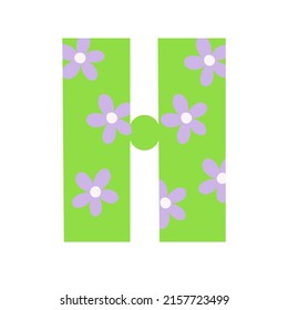 Capital bright green decorated with spring flowers hand drawn letter H of English alphabet simple cartoon style vector illustration, calligraphic abc, cute funny handwriting, doodle and lettering