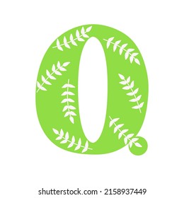 Capital bright green decorated with spring flowers hand drawn letter Q of English alphabet simple cartoon style vector illustration, calligraphic abc, cute funny handwriting, doodle and lettering