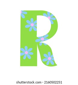 Capital bright green decorated with spring flowers hand drawn letter R of English alphabet simple cartoon style vector illustration, calligraphic abc, cute funny handwriting, doodle and lettering
