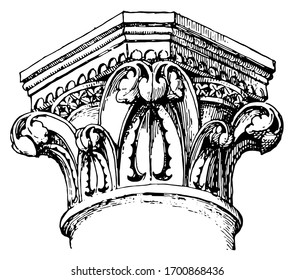 Capital, Canterbury, Cathedral, archaic, Temple, Artemis, Ephesus, vintage line drawing or engraving illustration.