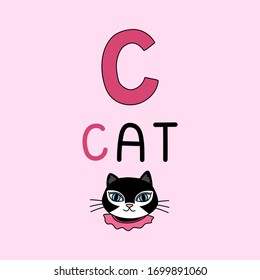 A capital of cat or wild cat in sweet pink collar funny kids graphic illustration. pet animal cartoon doodle flat design character on pale pink natural background. Pastel colorful  friend with human