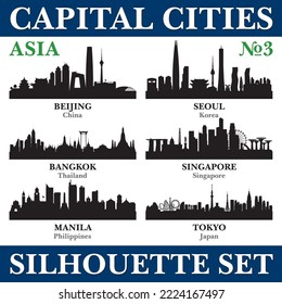 Capital cities skyline set. Asia. Vector silhouette background illustration.