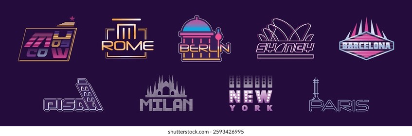 Capital City Label and Logo on Purple Background Vector Set