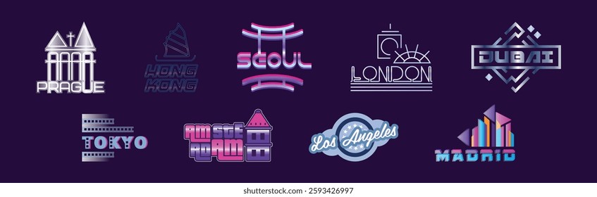 Capital City Label and Logo on Purple Background Vector Set