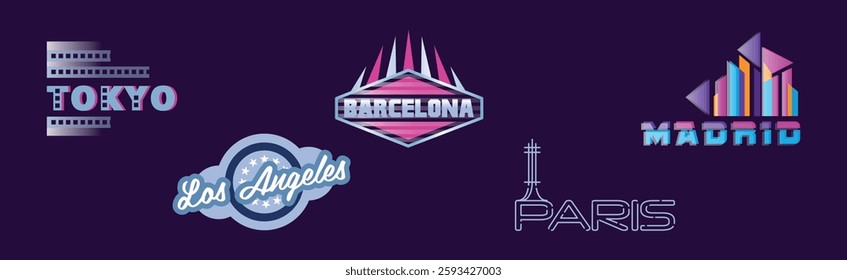 Capital City Label and Logo on Purple Background Vector Set