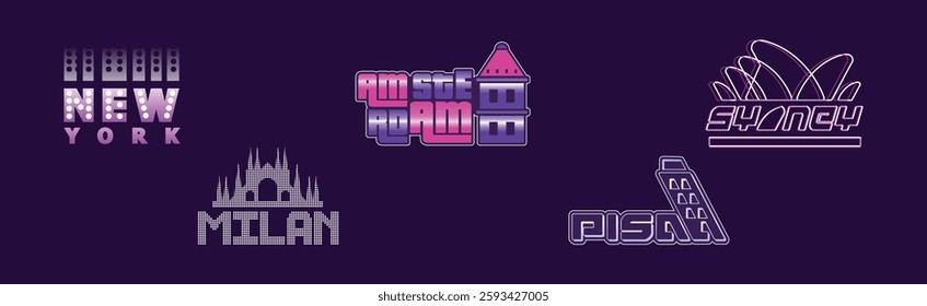 Capital City Label and Logo on Purple Background Vector Set