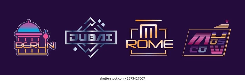 Capital City Label and Logo on Purple Background Vector Set