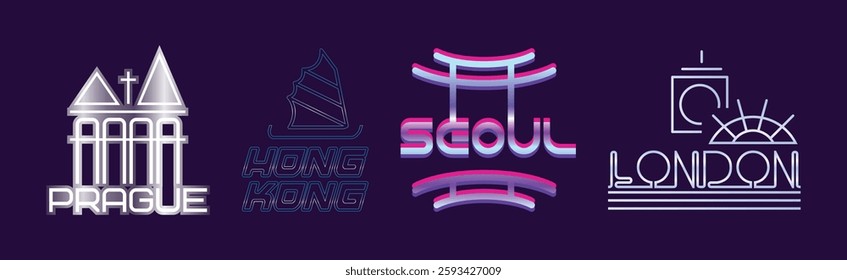 Capital City Label and Logo on Purple Background Vector Set