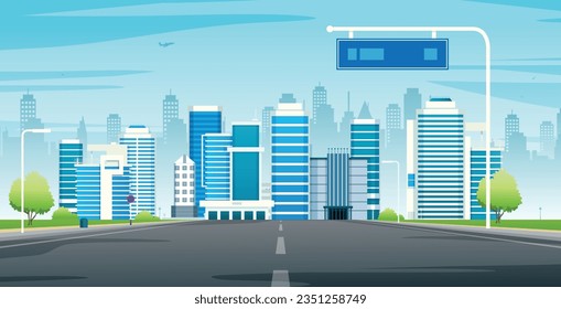 Capital city with tall buildings and distance sign on the road.