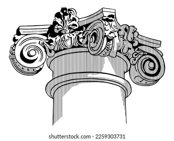 The capital of the column in the Ionic style. Decorative element used in architecture. Black and white sketch in hand drawn style.