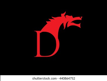Capital D and red dragon vector on black.
