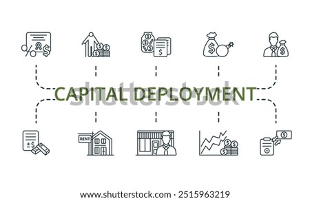 Capital Deployment thin line icon set. Monochrome simple Capital Deployment icon collection. Bonds, Retirement, Savings Accounts, Venture Capital, Private Equity, Gold Futures, Rental Property