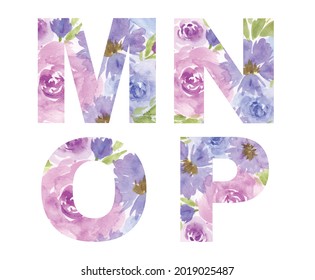 Capital english letters set. Vector watercolor alphabet, digital brush strokes, flowers paint patterns.