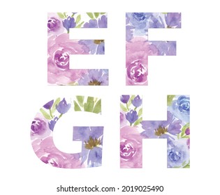 Capital english letters set. Vector watercolor alphabet, digital brush strokes, flowers paint patterns.