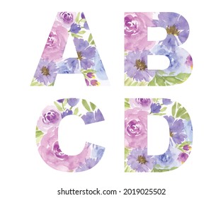 Capital english letters set. Vector watercolor alphabet, digital brush strokes, flowers paint patterns.