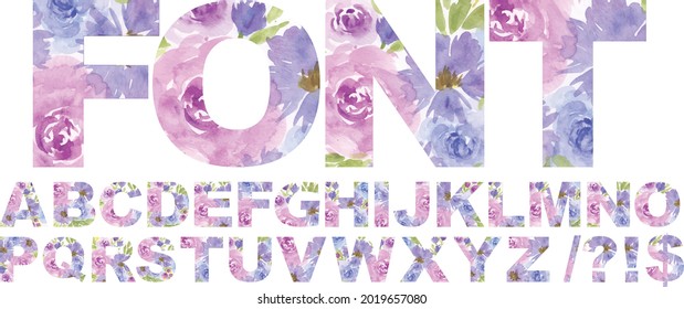 Capital english letters set. Vector watercolor alphabet, digital brush strokes, flowers paint patterns.