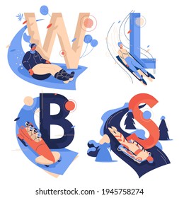Capital English letters W for wok racing, B for bobsleigh, S for skeleton sport, L for luge isolated on white. Healthy characters riding down 