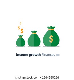 Capital evaluation, future income growth, ascending money bags, return on investment increase, break even concept, time is money, pension fund savings, superannuation, fundraising vector flat icon
