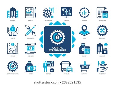 Capital Expenditure icon set. Company, Purchase, Maintenance, Improvement, Asset, Business, Finance, Investment. Duotone color solid icons