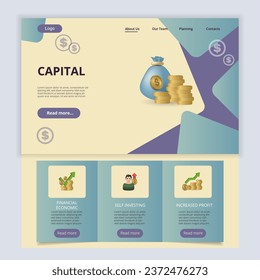 Vorlage für die Website der Capital flach landenden Seite. Finanzielle Wirtschaft, Selbstinvestition, steigender Gewinn. Webbanner mit Header, Inhalt und Fußzeile. Vektorgrafik.