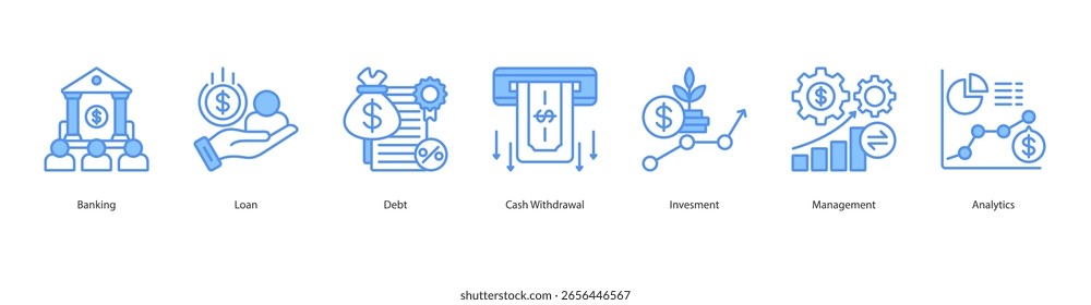 Capital Flow System Banner Web-Symbol Satz Vektorgrafik-Konzept mit Symbol des Bankwesens, Darlehen, Schulden, Bargeldabhebung, Investition, Management, Analyse