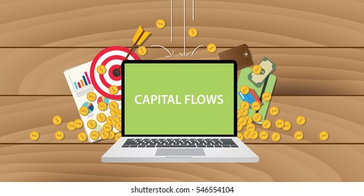 capital flows illustration with text on laptop display with business icon money gold coin falling from sky and graph paperwork document and goals