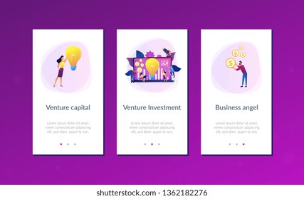 Capital fund financing small firm with high growth potential. Venture capital, venture investment, venture financing, business angel concept. Mobile UI UX GUI template, app interface wireframe