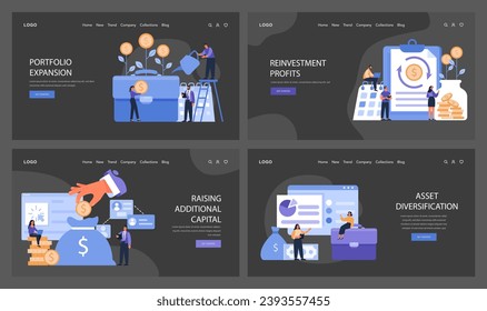 Capital Gain dark or night mode web or landing set. Illustrating portfolio expansion, reinvestment profits, raising capital, and asset diversification. Flat vector illustration
