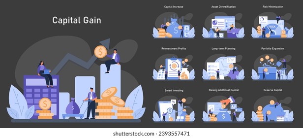 Capital Gain dark or night mode set. Enhancing financial growth through strategic investments. Methods of increasing wealth, securing assets, and ensuring future prosperity. Flat vector illustration.