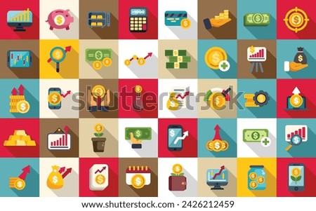 Capital gain icons set flat vector. Economic business. Investment money