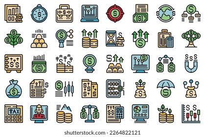 Capital gain icons set outline vector. Economic business. Money raise color flat on white