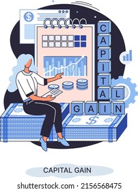 Capital gain, net income, monetary profit and growing graph up. Economic growth, income from investments. Concept of business success. Difference between purchase price of an asset and its sale price