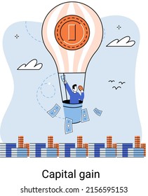 Capital gain, net income, monetary profit and growing graph up. Economic growth, income from investments. Metaphor of business success. Difference between purchase price of an asset and its sale price