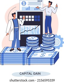 Capital gain, net income, monetary profit and growing graph up. Economic growth, income from investments. Metaphor of business success. Difference between purchase price of an asset and its sale price