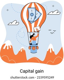 Capital gain, net income, monetary profit and growing graph up. Economic growth, income from investments. Metaphor of business success. Difference between purchase price of an asset and its sale price
