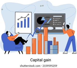 Capital gain, net income, monetary profit and growing graph up. Economic growth, income from investments. Metaphor of business success. Difference between purchase price of an asset and its sale price