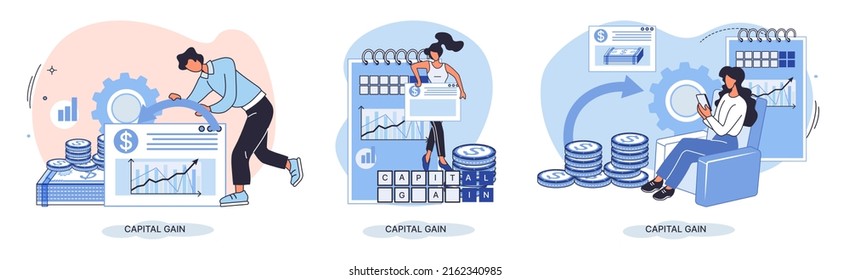 Capital gain, net income, monetary profit and growing graph up. Economic growth, income from investments. Metaphor of business success. Difference between purchase price of an asset and its sale price