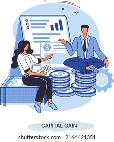 Capital gain, net income, monetary profit and growing graph up. Economic growth, income from investments. Metaphor of business success. Difference between purchase price of an asset and its sale price