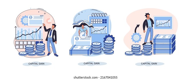 Capital gain, net income, monetary profit and growing graph up. Economic growth, income from investments. Metaphor of business success. Difference between purchase price of an asset and its sale price