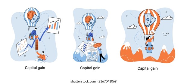 Capital gain, net income, monetary profit and growing graph up. Economic growth, income from investments. Metaphor of business success. Difference between purchase price of an asset and its sale price