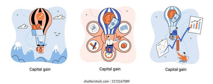 Capital gain, net income, monetary profit and growing graph up. Economic growth, income from investments. Metaphor of business success. Difference between purchase price of an asset and its sale price