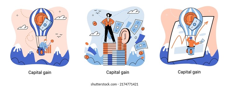 Capital gain, net income, monetary profit and growing graph up. Economic growth, income from investments. Metaphor of business success. Difference between purchase price of an asset and its sale price