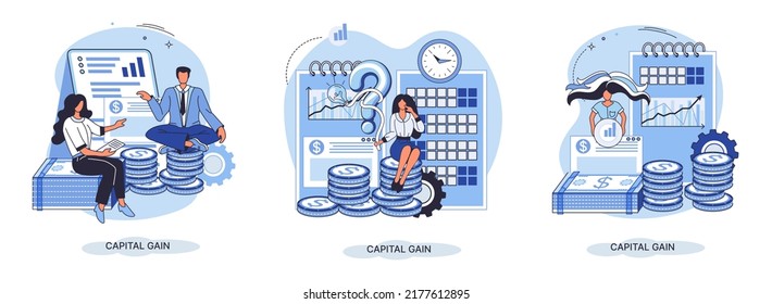 Capital gain, net income, monetary profit and growing graph up. Economic growth, income from investments. Metaphor of business success. Difference between purchase price of an asset and its sale price