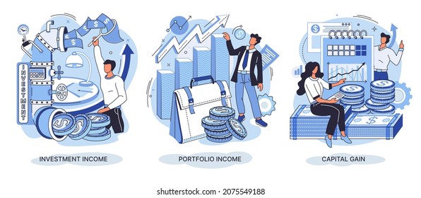Capital gain, portfolio income, investment income. Investments and bonds, cash flow, money slot, mutual fund, finance abstract metaphor. Money investing, financiers analyzing stock market profit