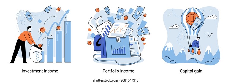Capital gain, portfolio income, investment income. Investments and bonds, cash flow, money slot, mutual fund, finance abstract metaphor. Money investing, financiers analyzing stock market profit