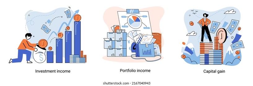 Capital gain, portfolio income, investment income. Investments and bonds, cash flow money slot, mutual fund, finance abstract metaphor. Money investing financiers analyzing stock market profit dollars